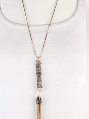 Alexis Bittar Gold Tassel Pendant Necklace with Gunmetal and Clear Accents